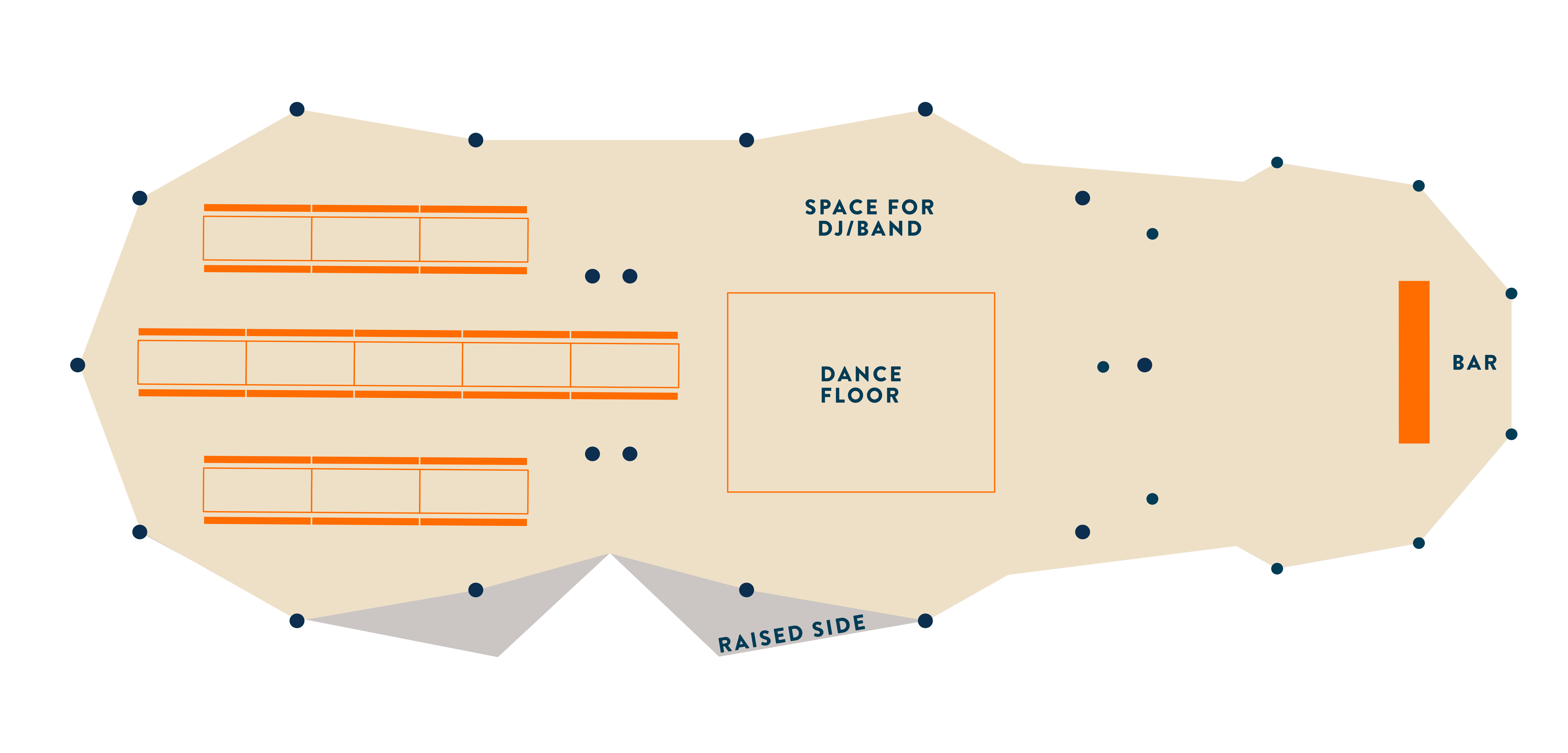 Tipi diagram with dining, dance floor and bar